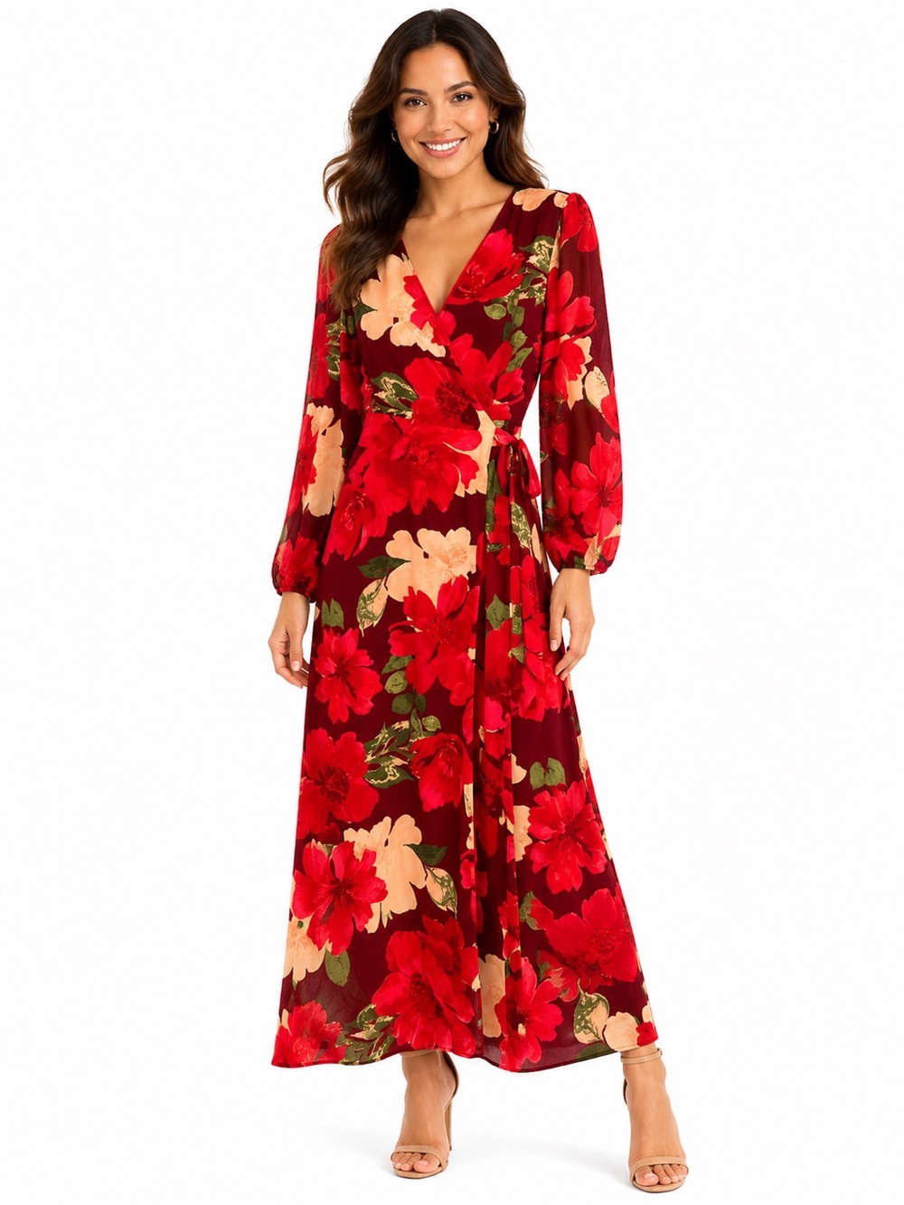 NWT Baltic Born Size Medium Floral Wrap Maxi Dress in Red